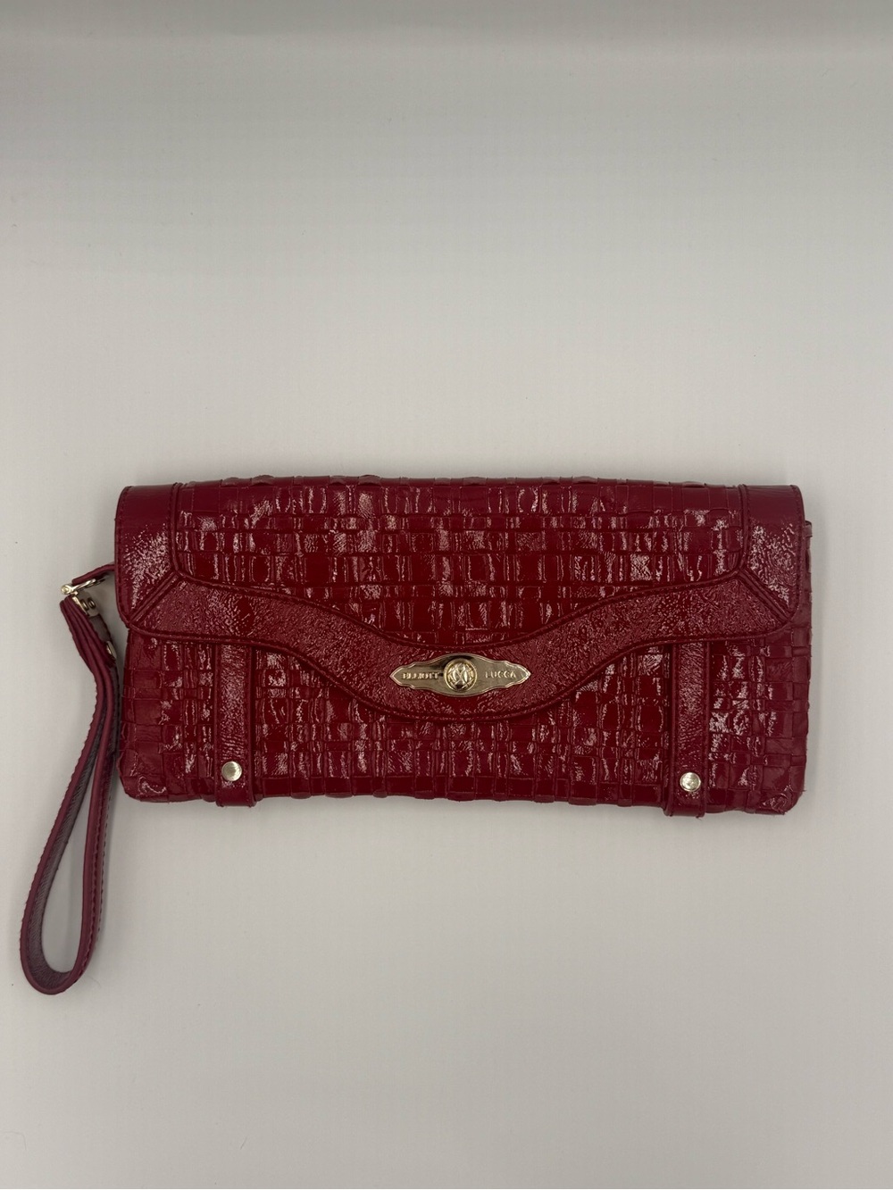 Elliott Luca Red Woven Patent Leather Wristlet Clutch